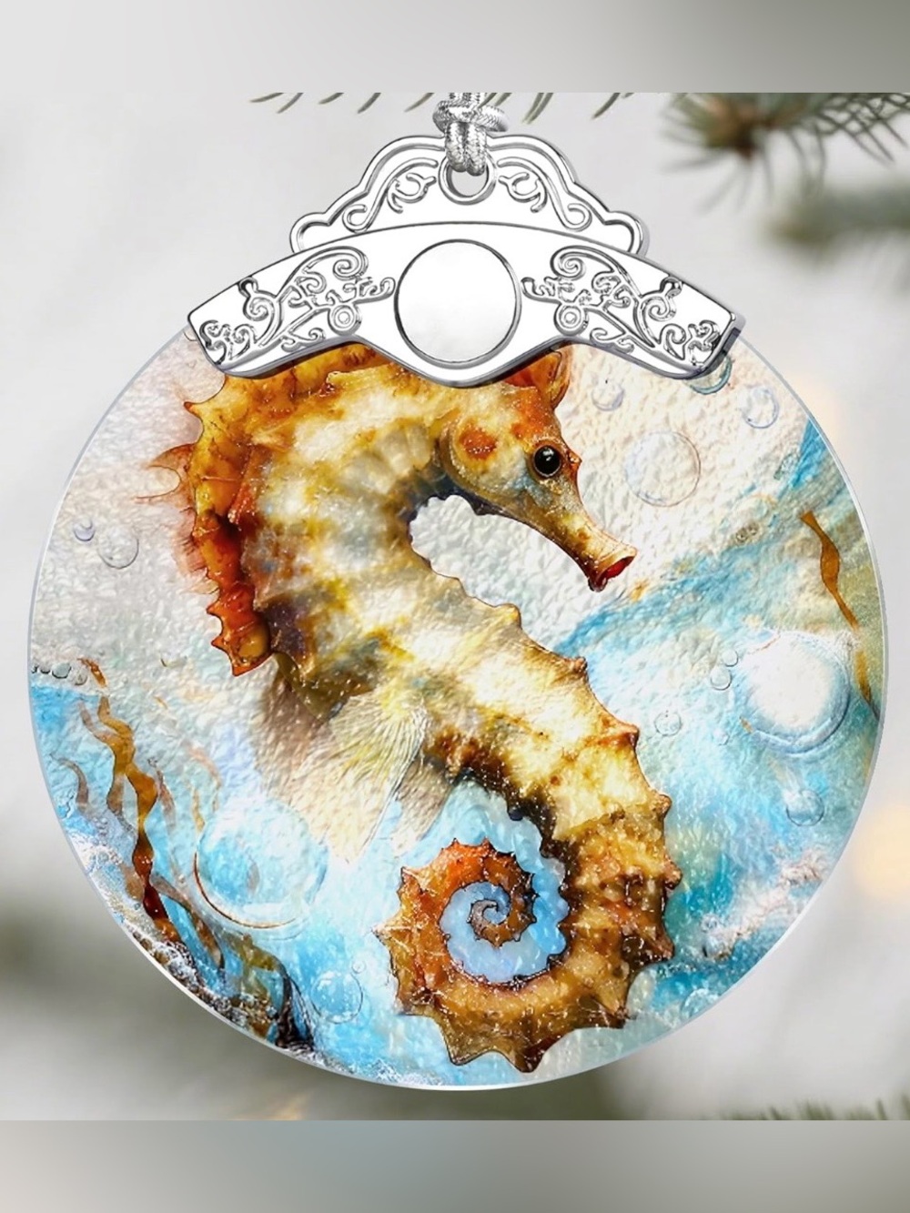 3/$18.00 Seahorse Coastal Glass Art Ornament in Brown and Blue